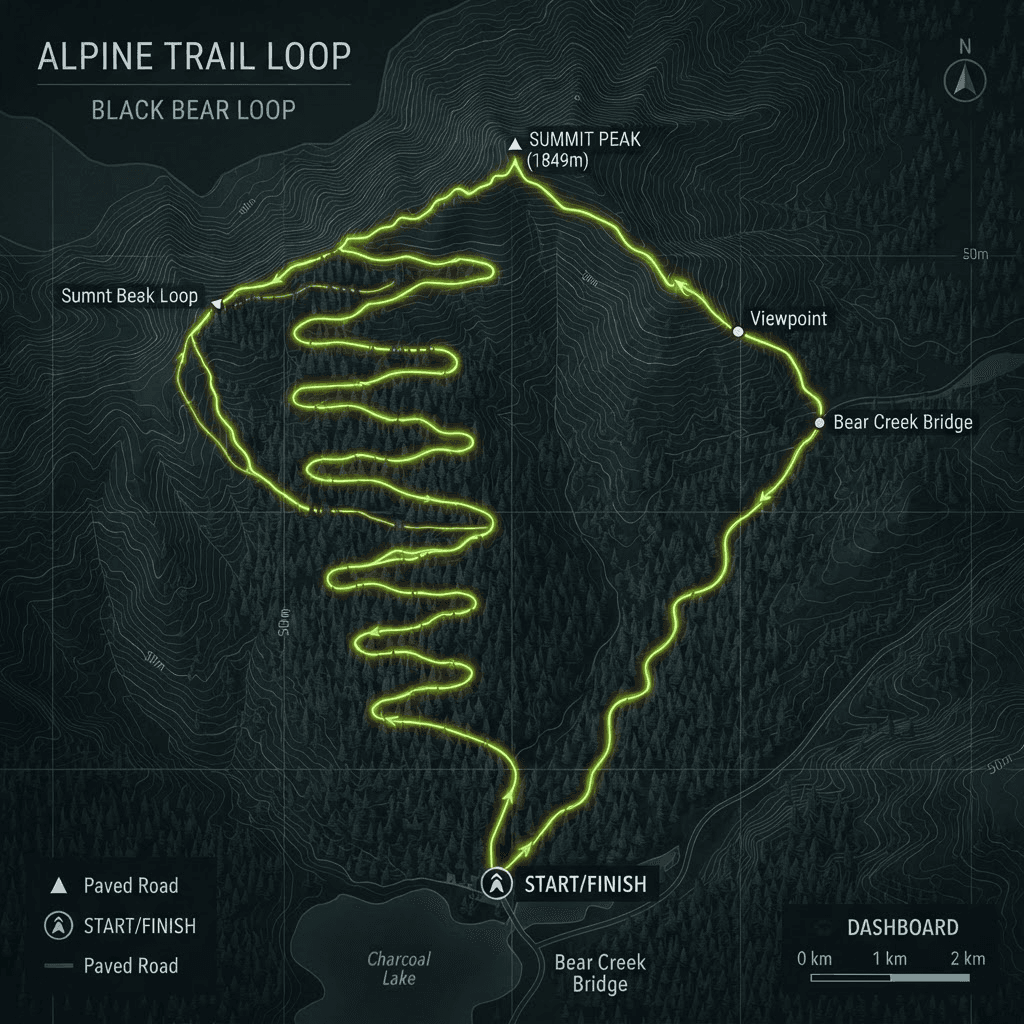 Dark topographic map of an alpine trail loop traced by a glowing green GPS route