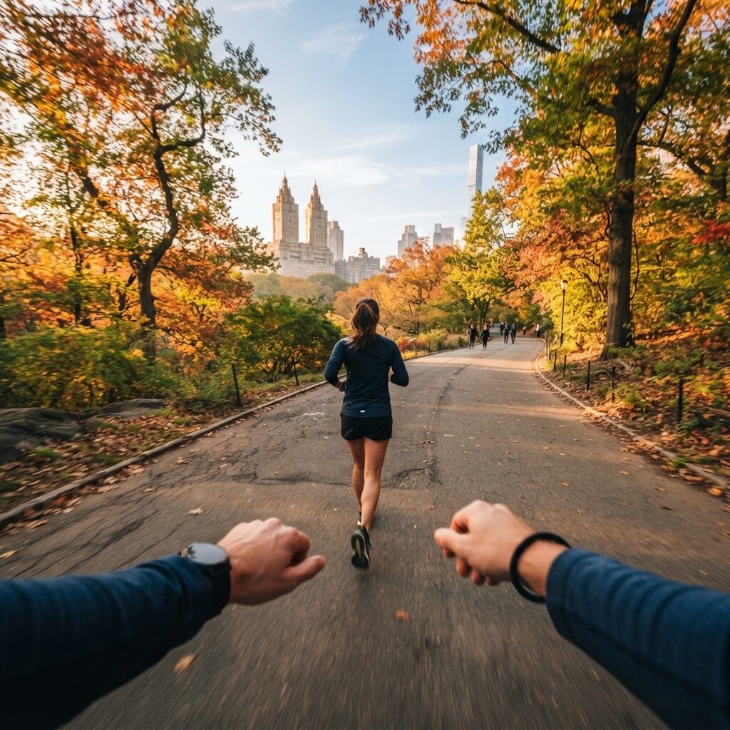 First-person view of a runner following a friend down a tree-lined park path in autumn