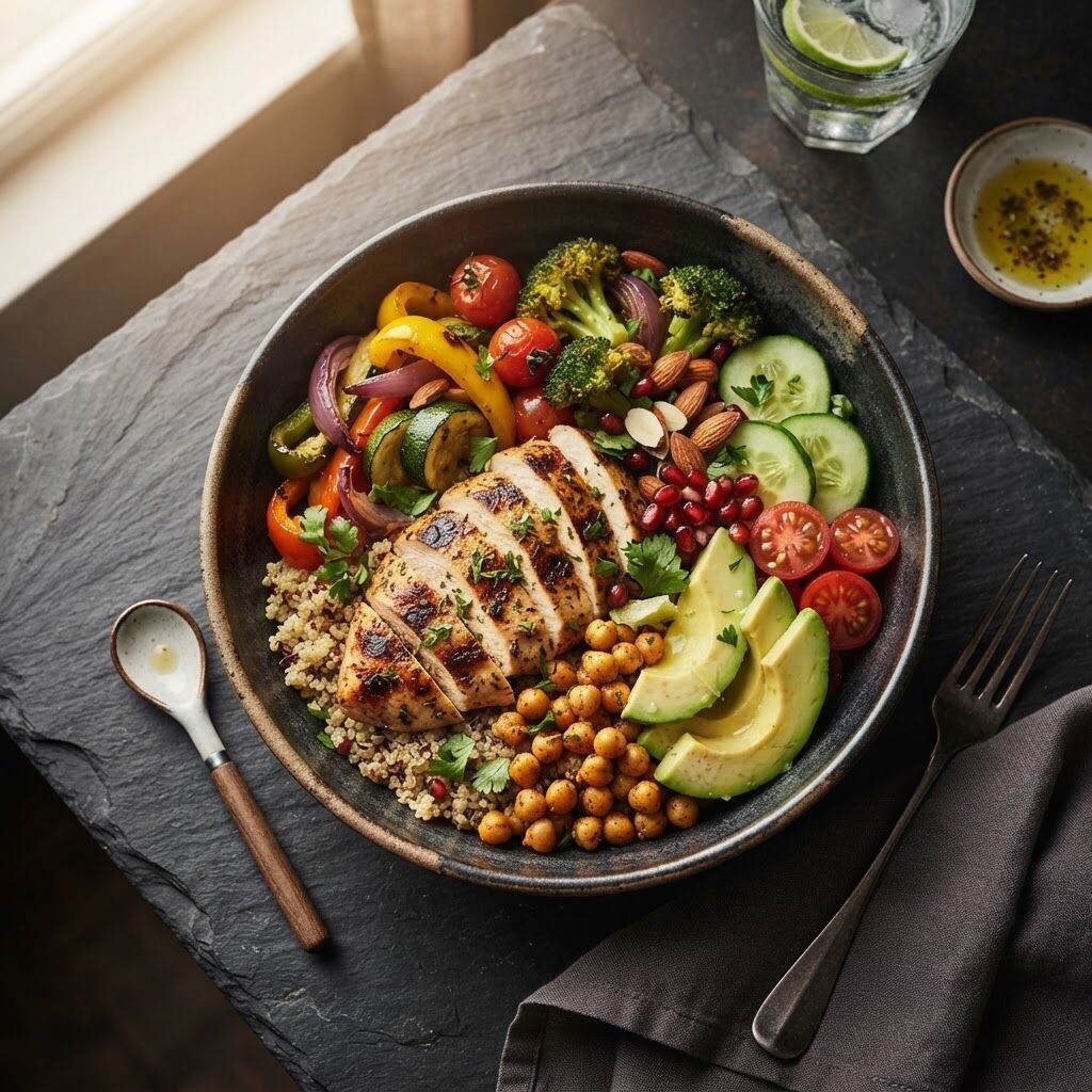 A grilled chicken grain bowl with chickpeas, avocado and roasted vegetables